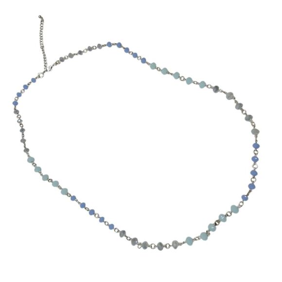 Long Blue Beaded Station Chain Long Boho Necklace Silver Color Adjustable Length - Picture 1 of 6